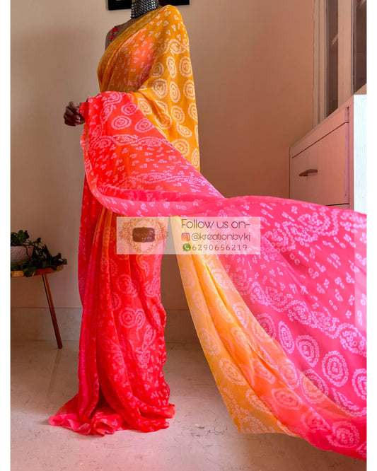 Yellow and Peach Bandhini Print Saree - kreationbykj