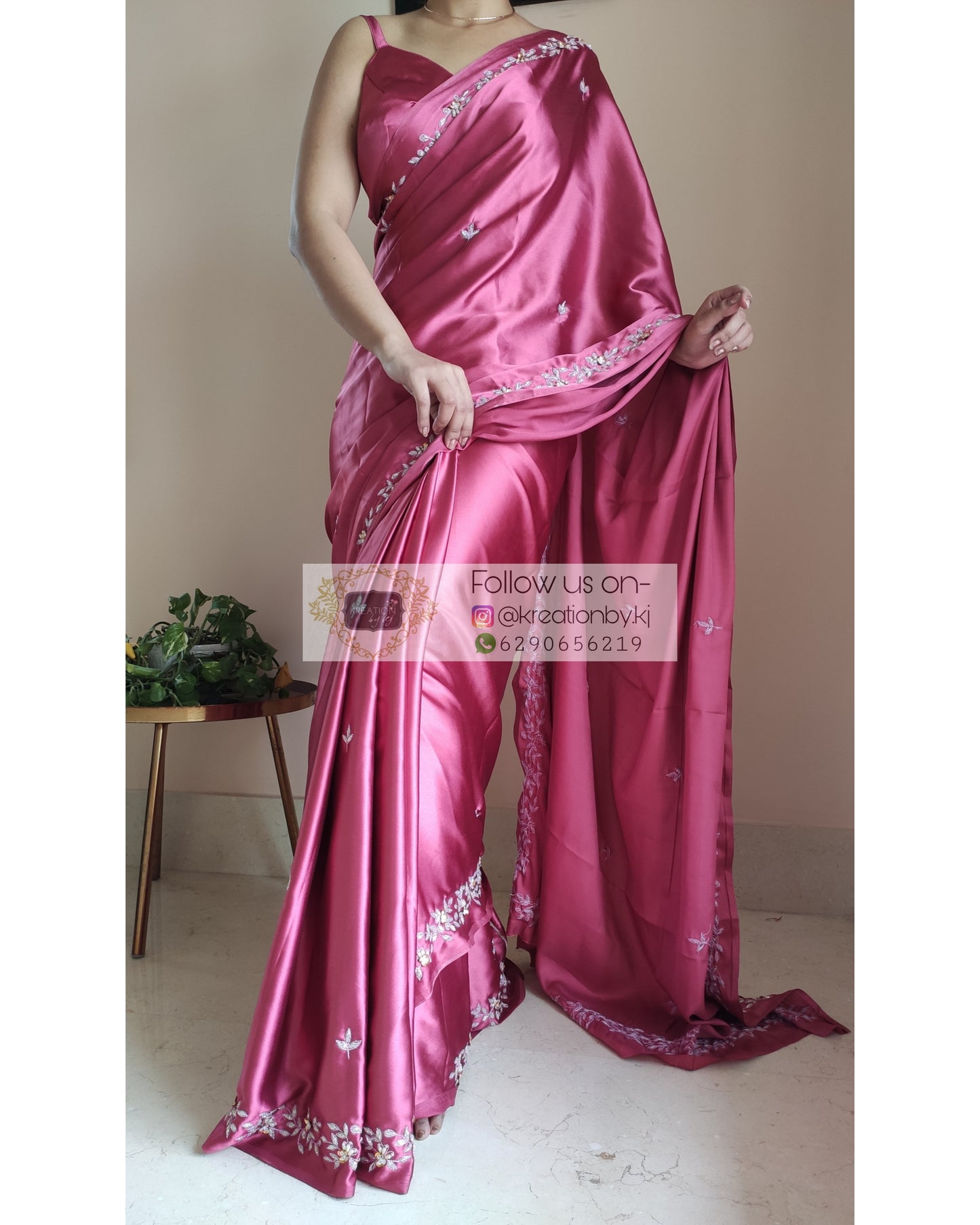 Rose Pink Satin Silk Chandani Saree - kreationbykj