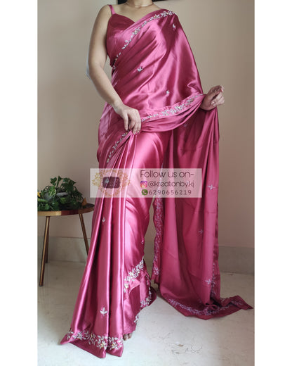 Rose Pink Satin Silk Chandani Saree - kreationbykj