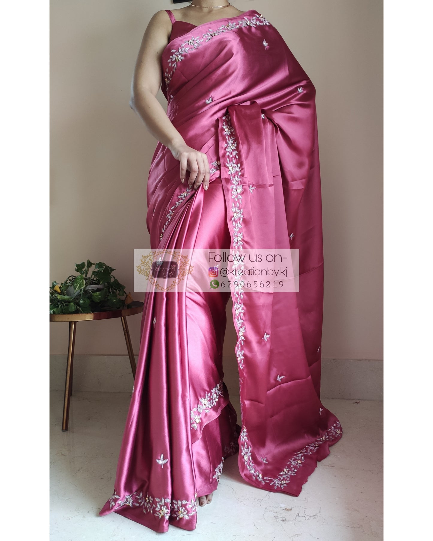 Rose Pink Satin Silk Chandani Saree - kreationbykj