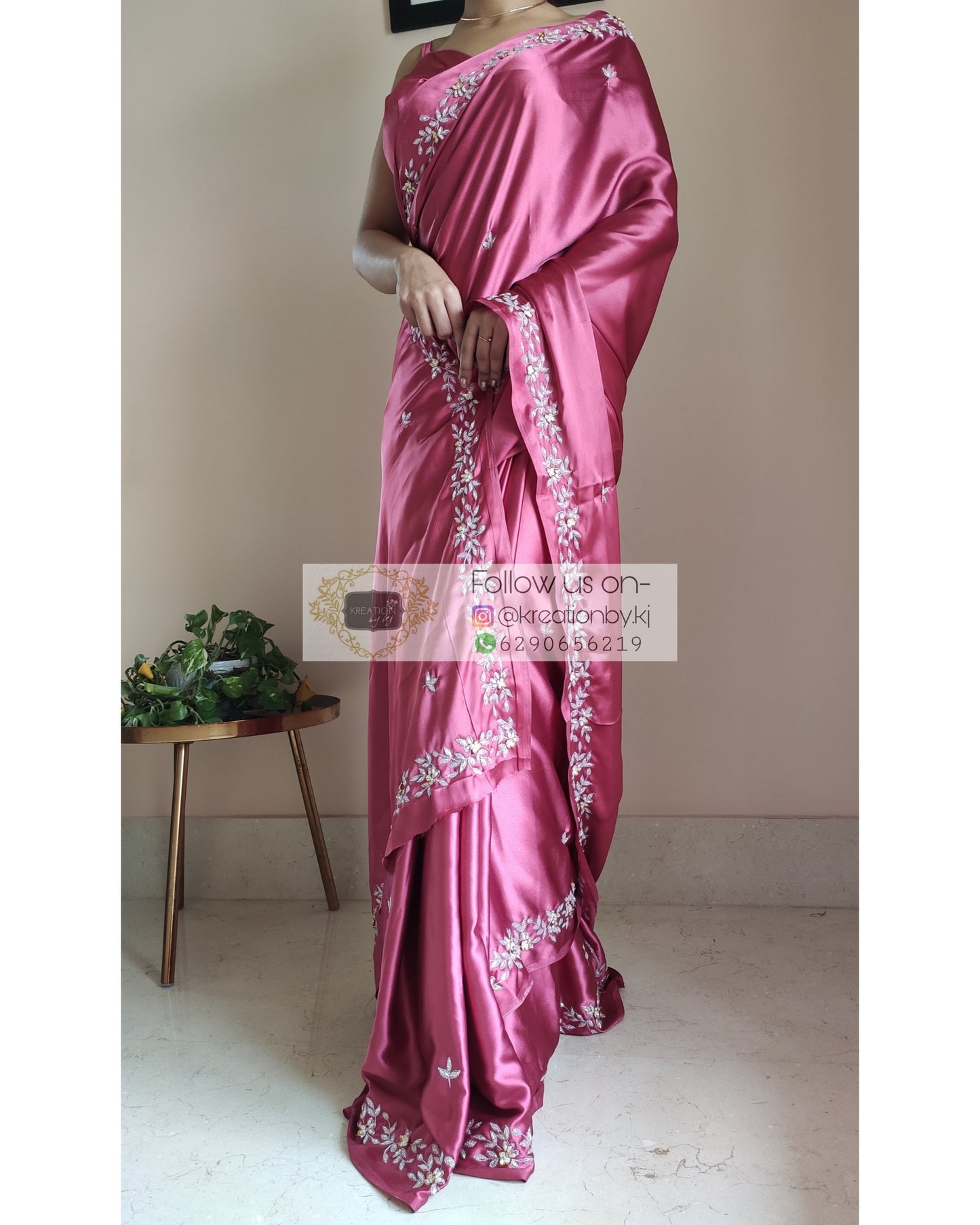 Rose Pink Satin Silk Chandani Saree - kreationbykj