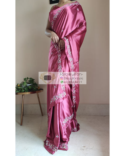 Rose Pink Satin Silk Chandani Saree - kreationbykj