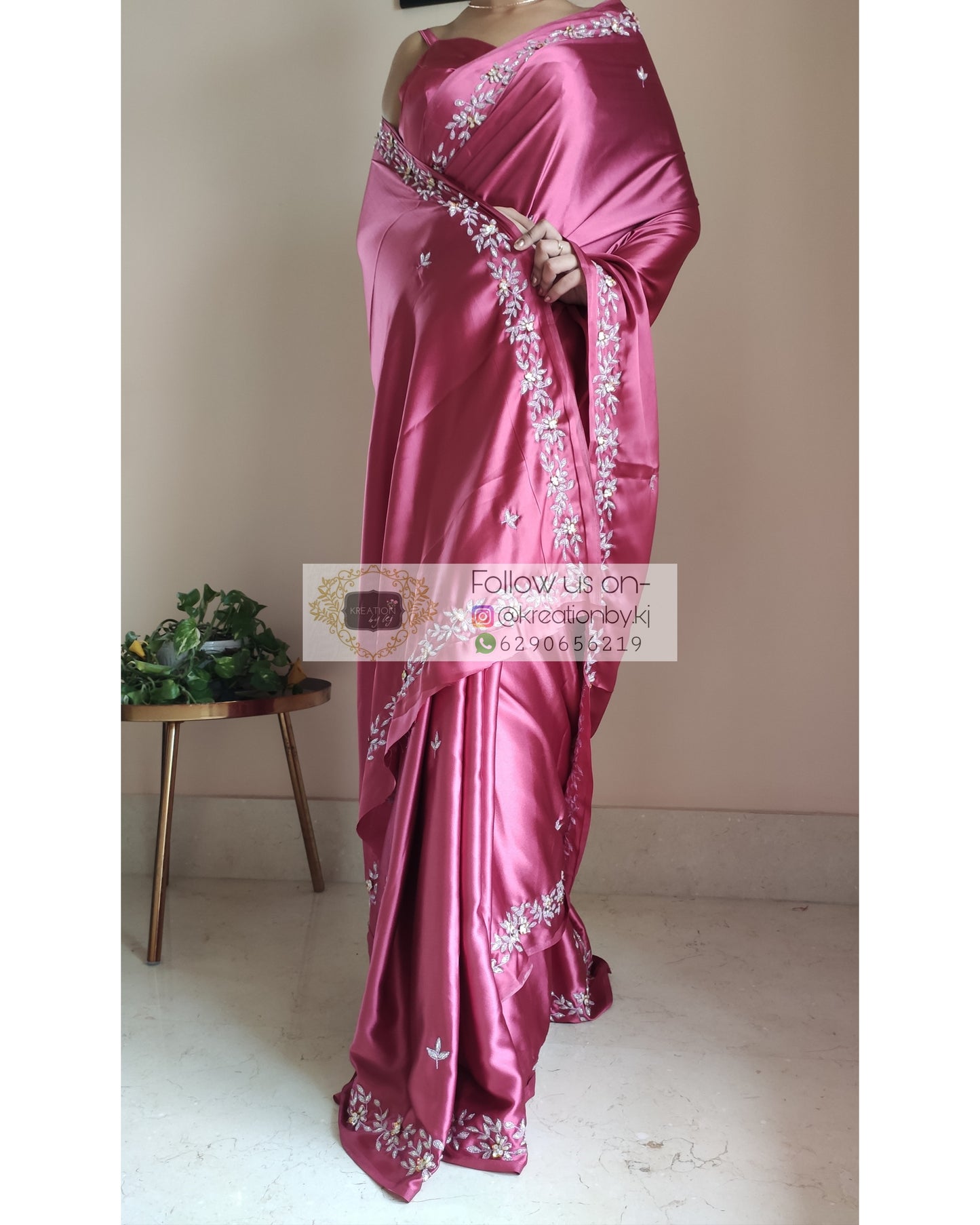 Rose Pink Satin Silk Chandani Saree - kreationbykj