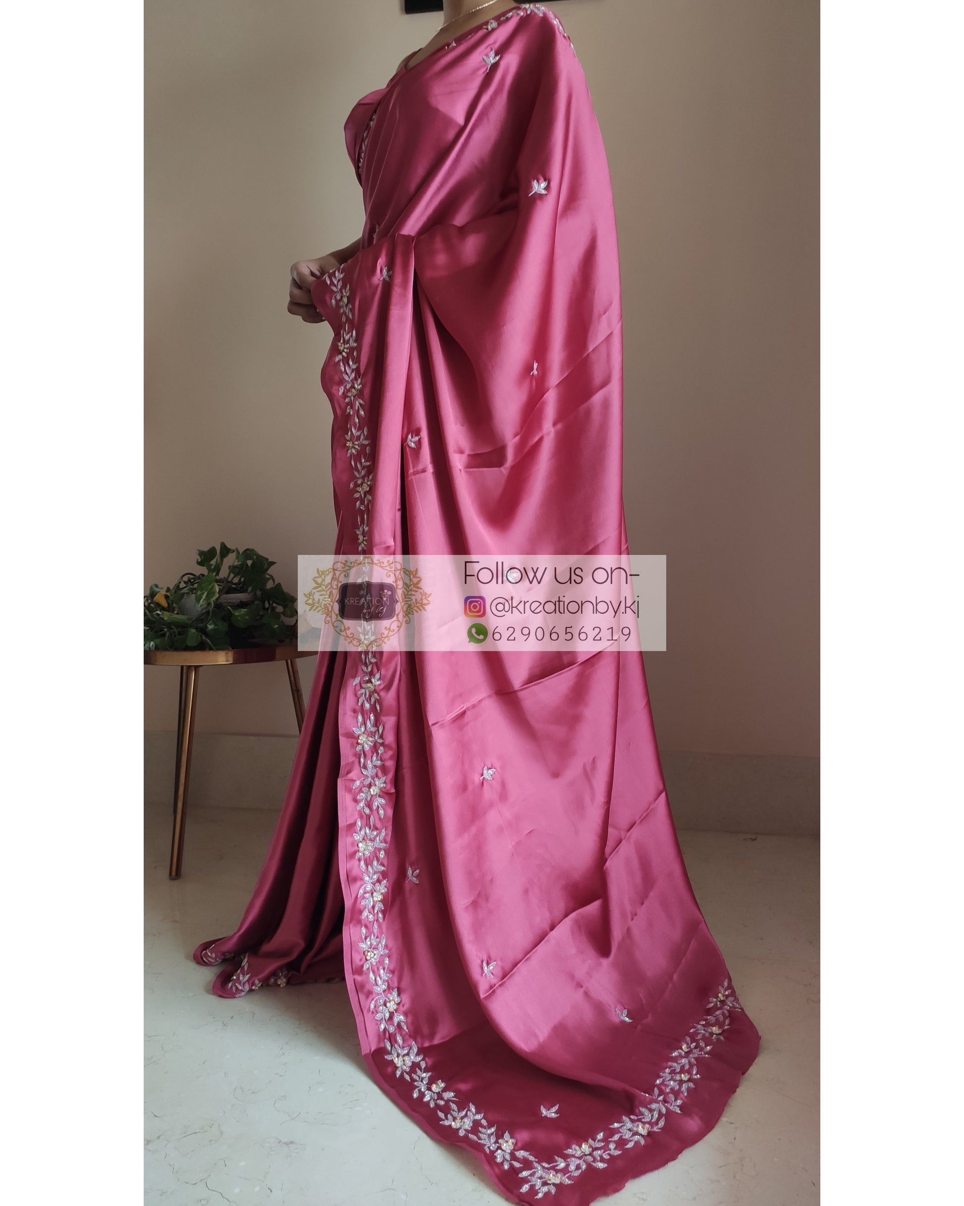 Rose Pink Satin Silk Chandani Saree - kreationbykj