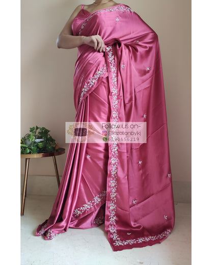 Rose Pink Satin Silk Chandani Saree - kreationbykj