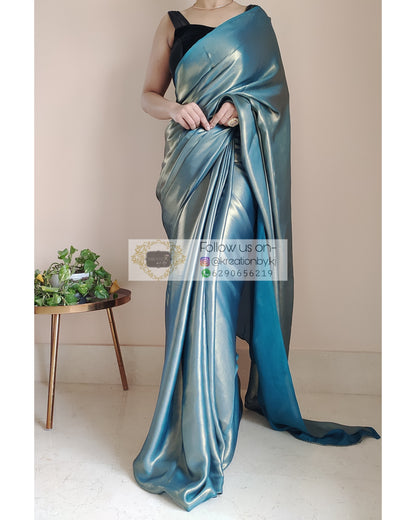 Molten Teal Shimmer Satin Saree - kreationbykj