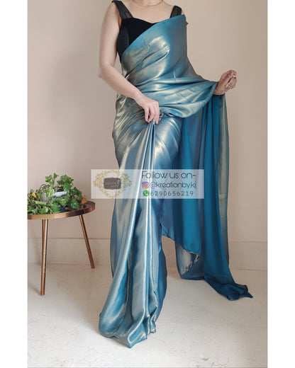 Molten Teal Shimmer Satin Saree - kreationbykj