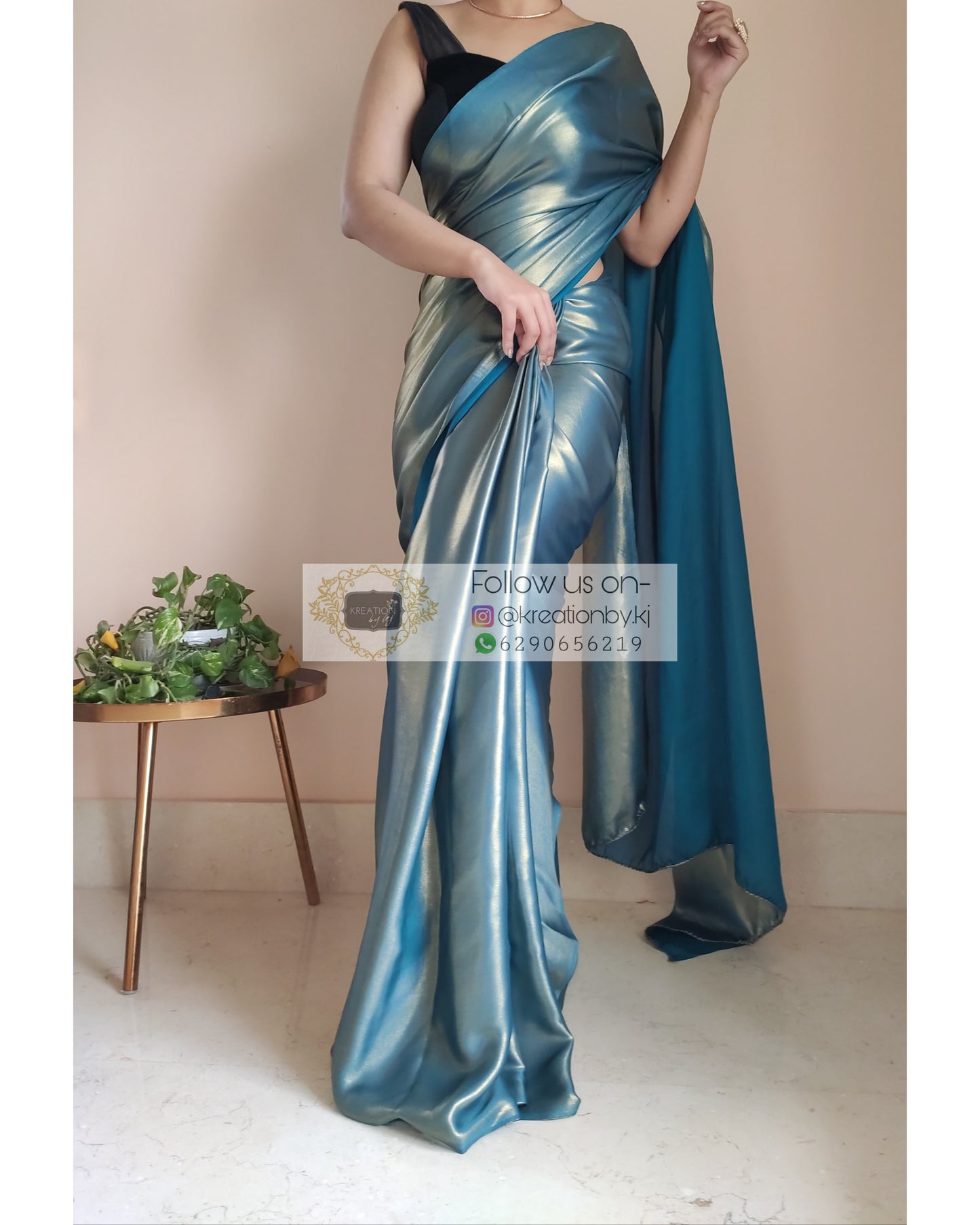 Molten Teal Shimmer Satin Saree - kreationbykj