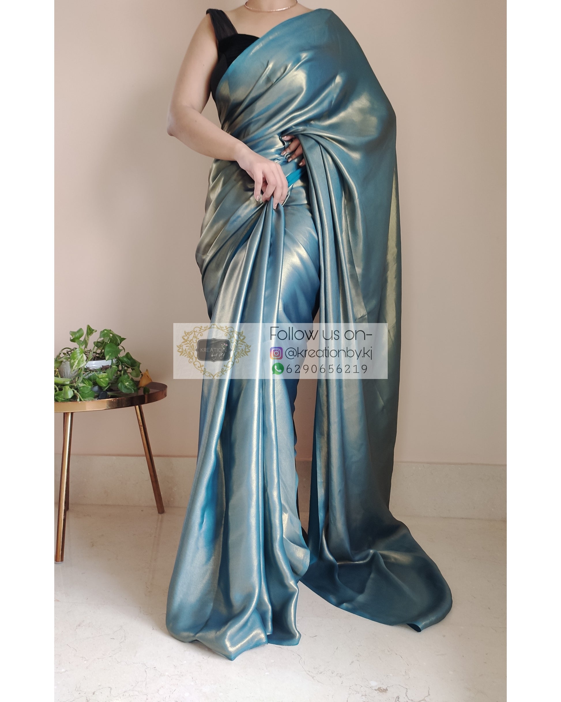 Molten Teal Shimmer Satin Saree - kreationbykj