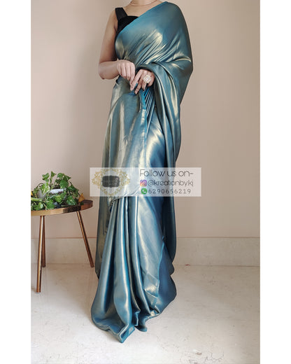 Molten Teal Shimmer Satin Saree - kreationbykj