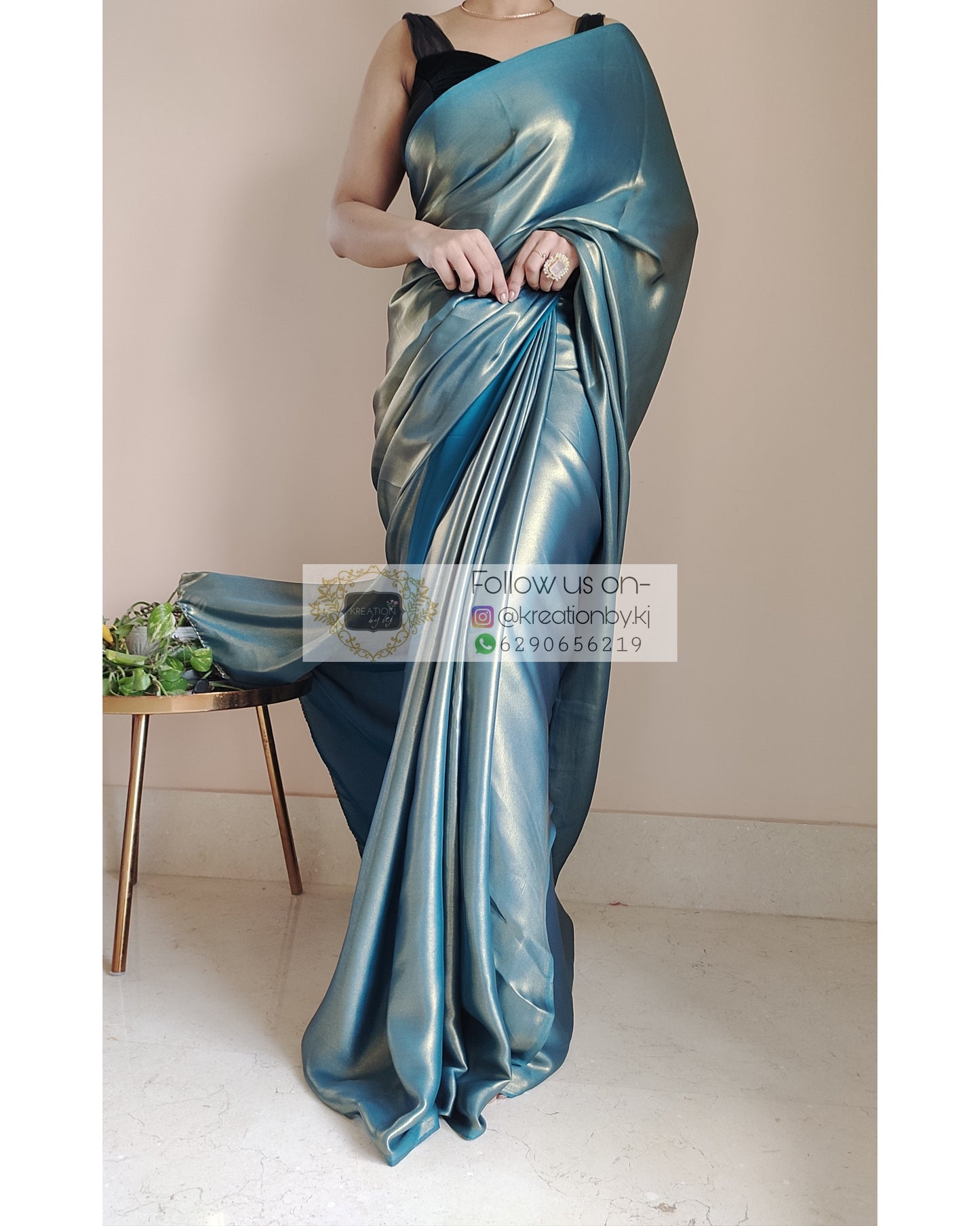 Molten Teal Shimmer Satin Saree - kreationbykj