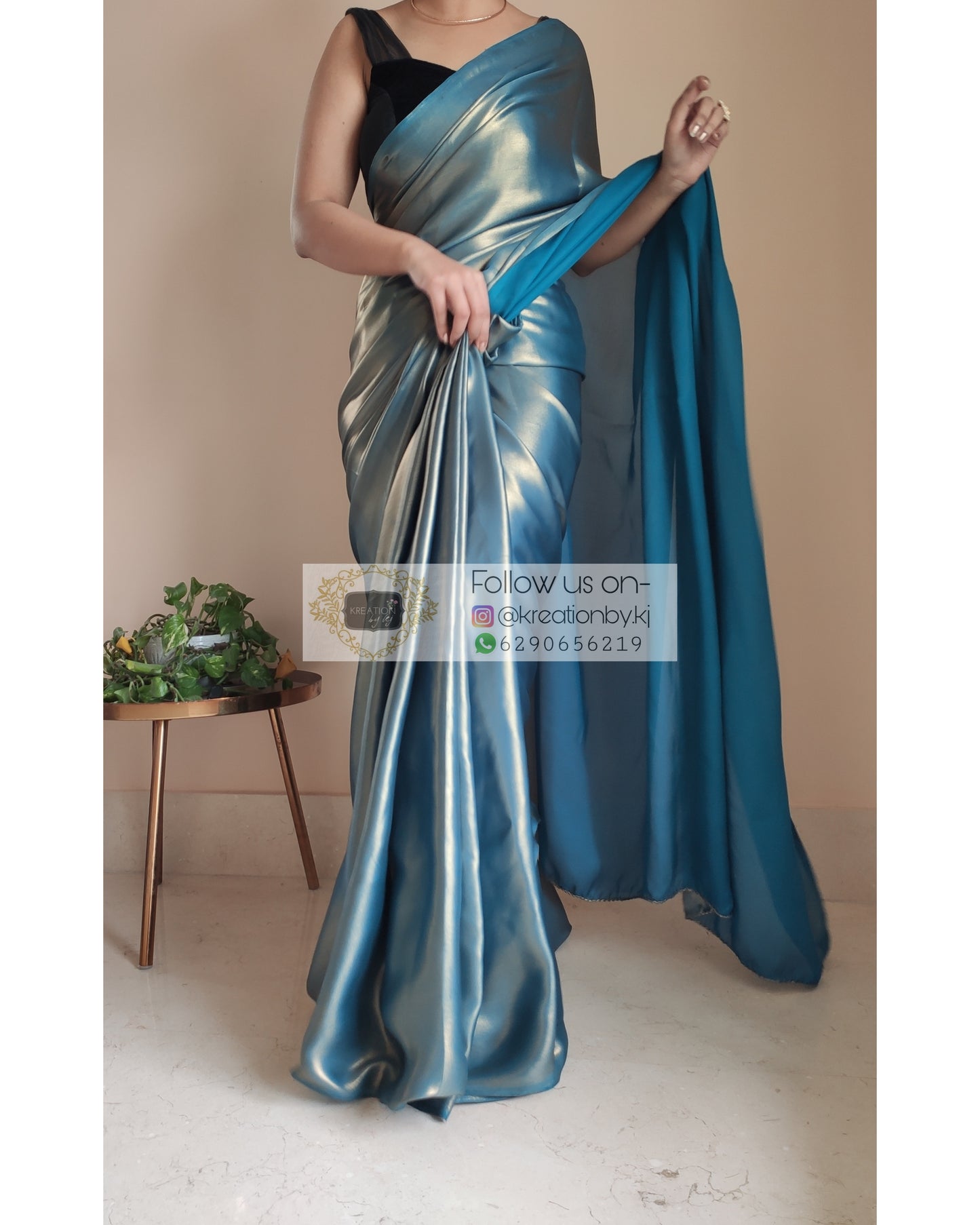 Molten Teal Shimmer Satin Saree - kreationbykj