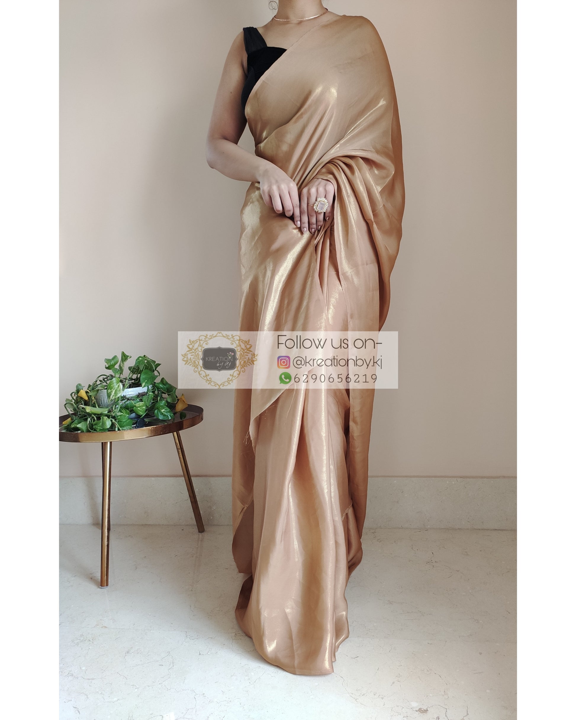 Champagne Gold Shimmer Satin Saree - kreationbykj