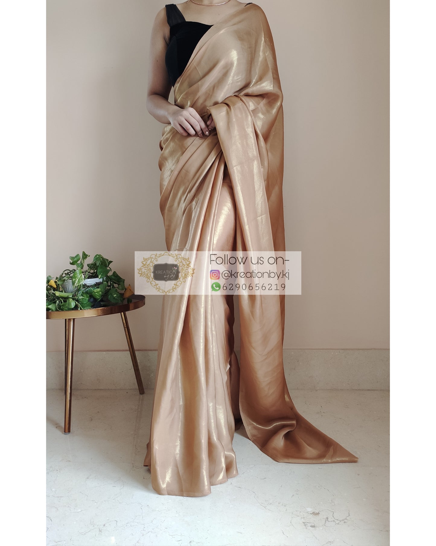 Champagne Gold Shimmer Satin Saree - kreationbykj