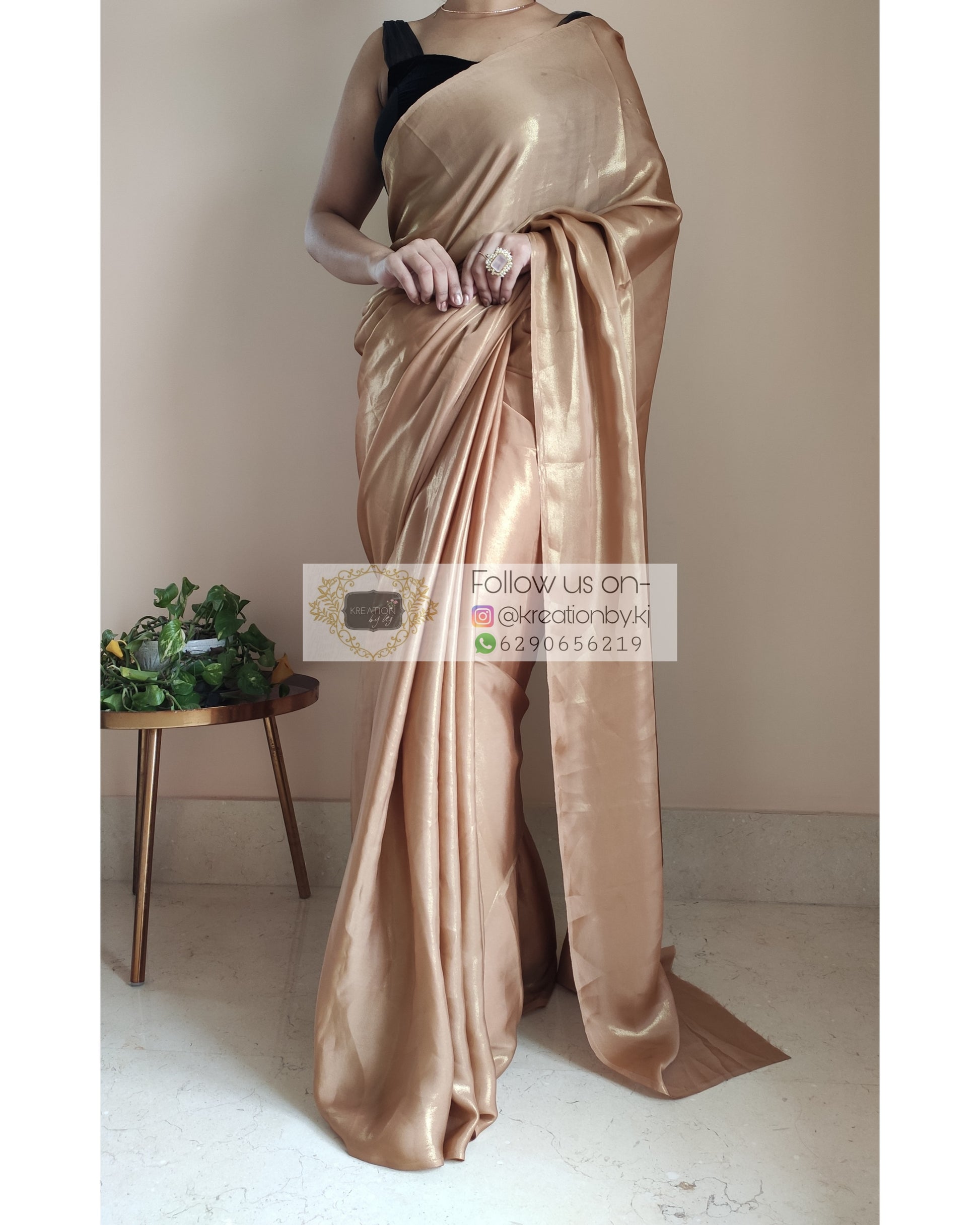 Champagne Gold Shimmer Satin Saree - kreationbykj