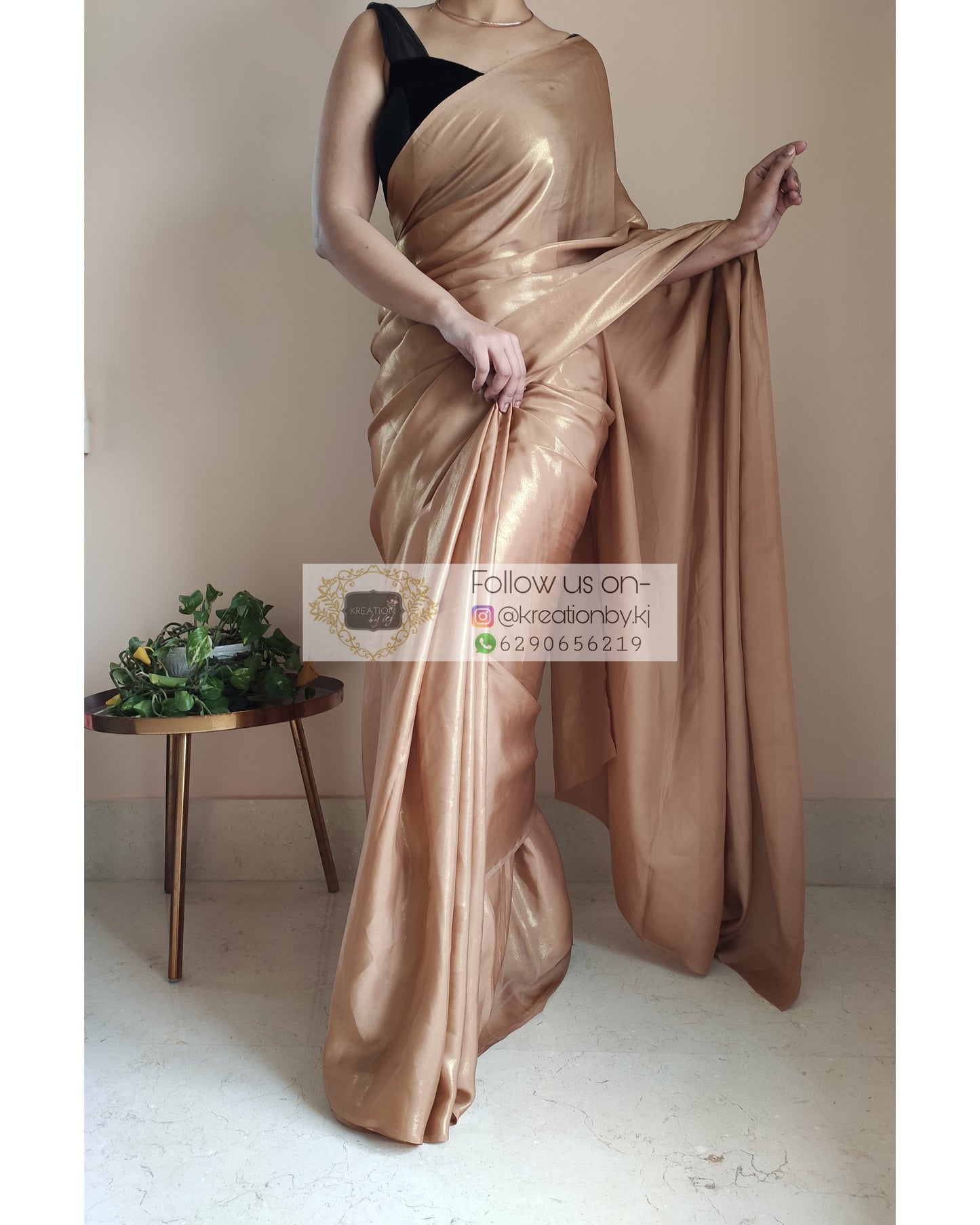 Champagne Gold Shimmer Satin Saree - kreationbykj