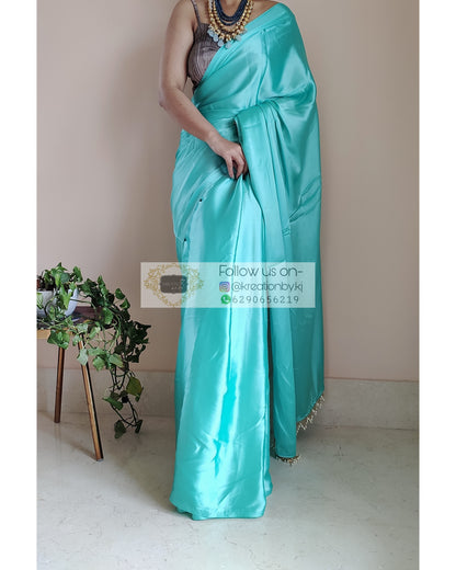 Turquoise Satin Silk Saree With Handmade Tassels On Pallu - kreationbykj