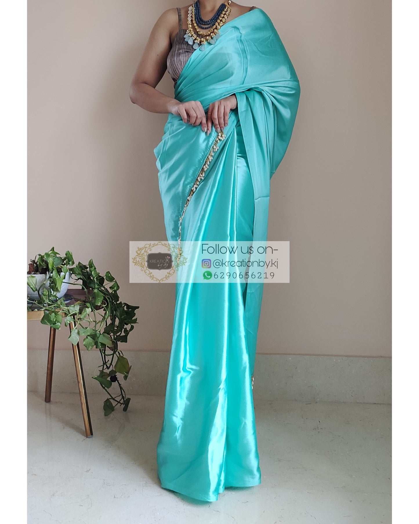 Turquoise Satin Silk Saree With Handmade Tassels On Pallu - kreationbykj