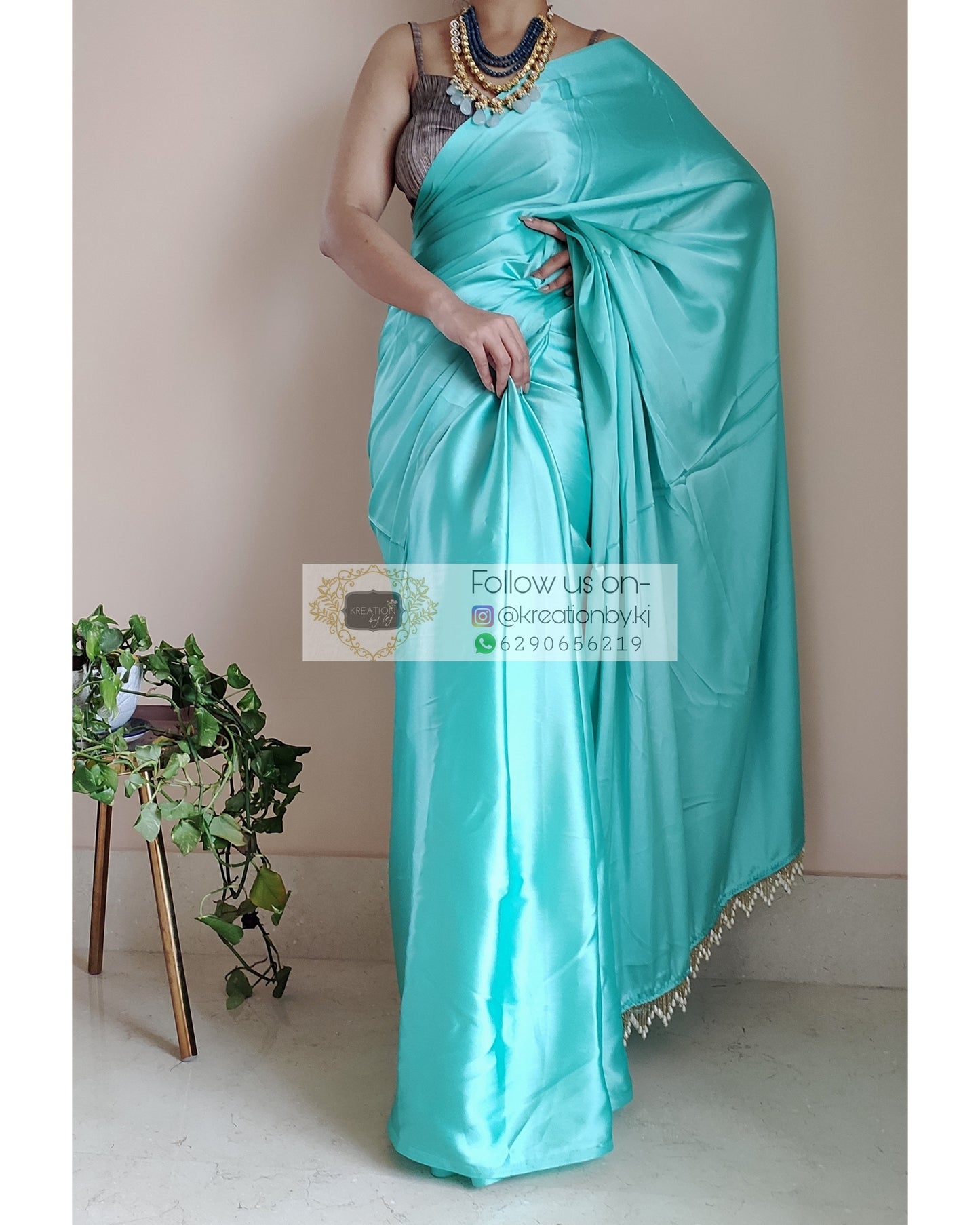 Turquoise Satin Silk Saree With Handmade Tassels On Pallu - kreationbykj