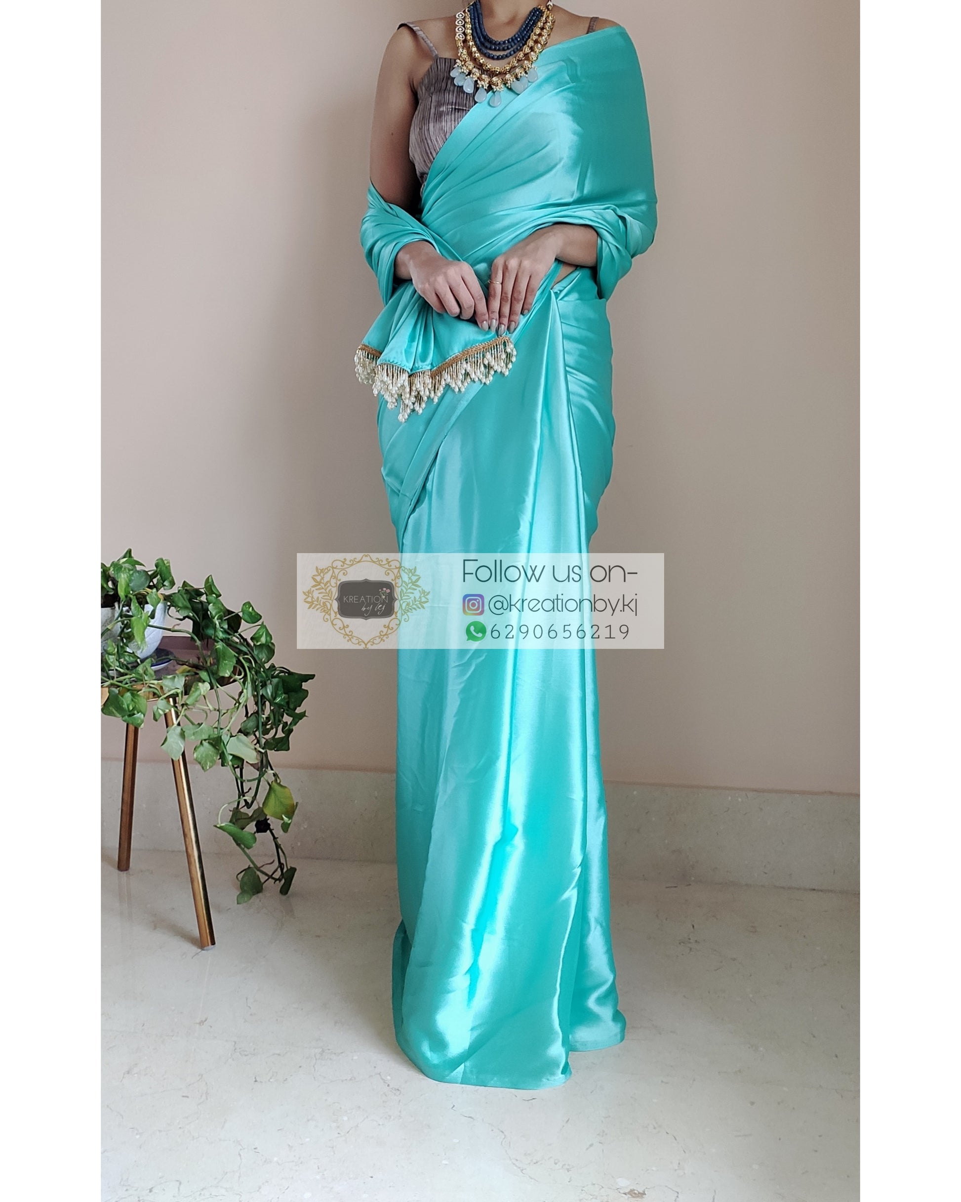 Turquoise Satin Silk Saree With Handmade Tassels On Pallu - kreationbykj