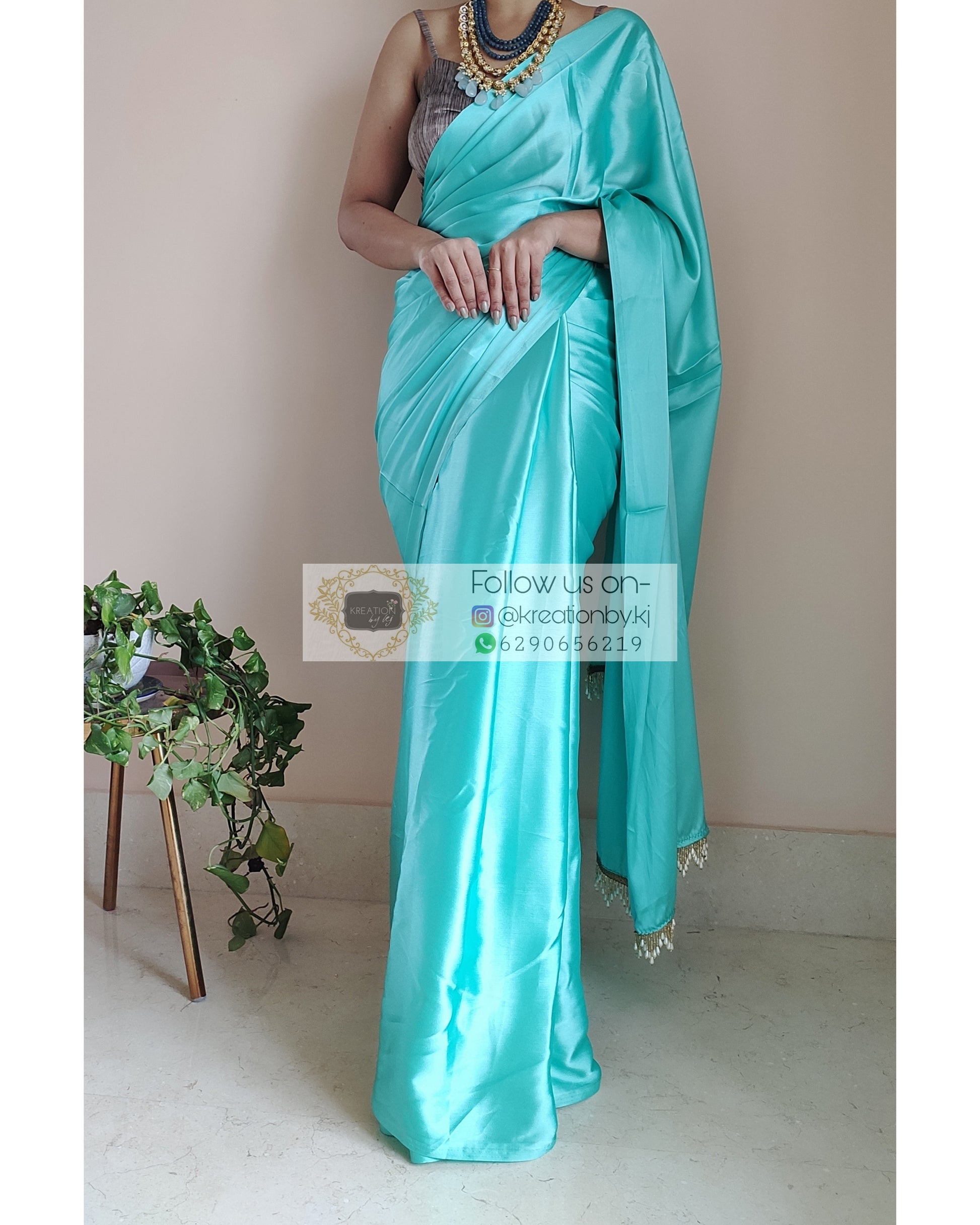 Turquoise Satin Silk Saree With Handmade Tassels On Pallu - kreationbykj