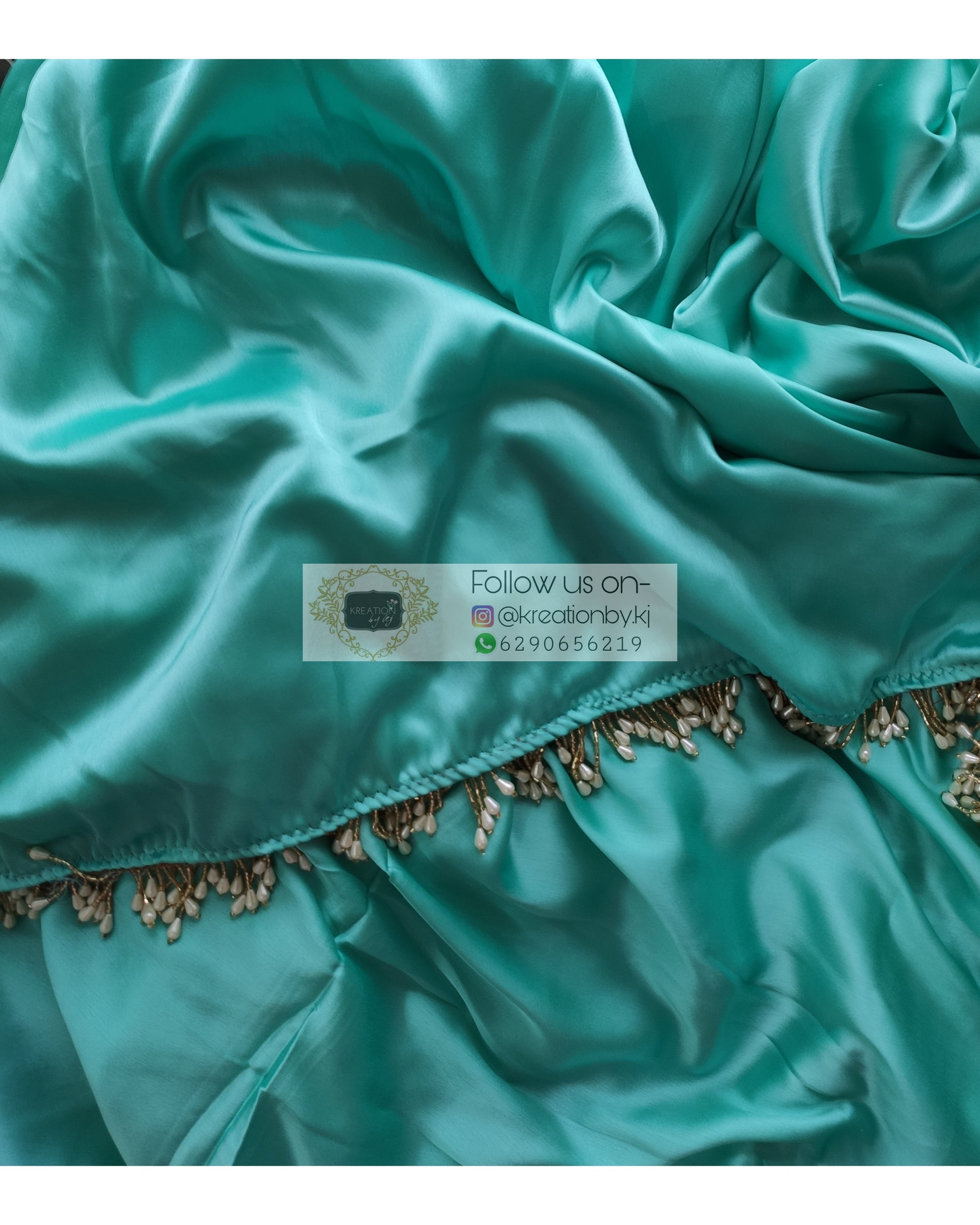 Turquoise Satin Silk Saree With Handmade Tassels On Pallu - kreationbykj