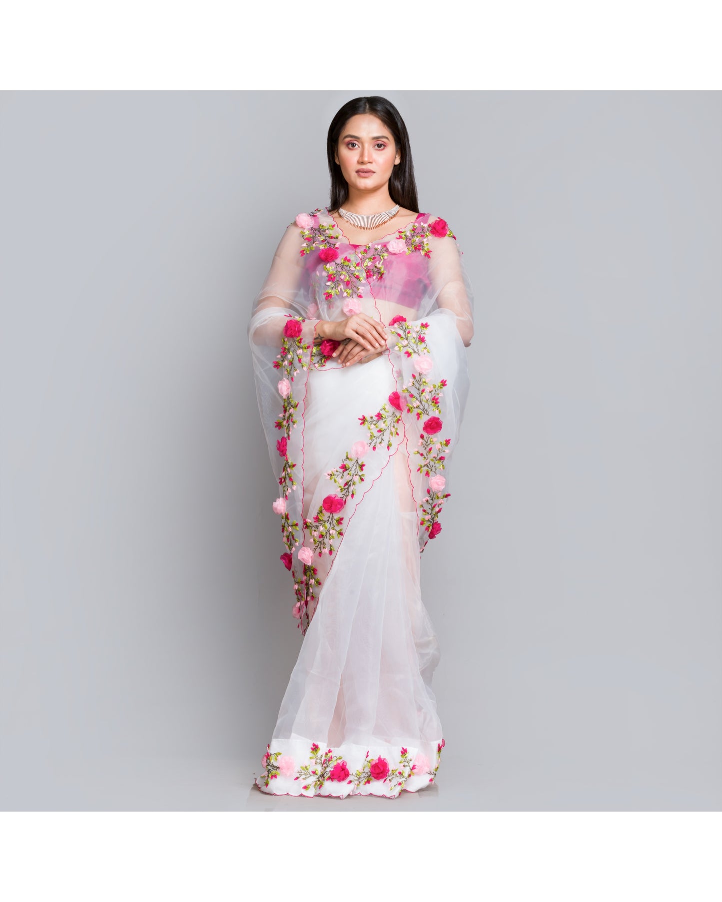 Pastel Pink Party Wear Floral Saree