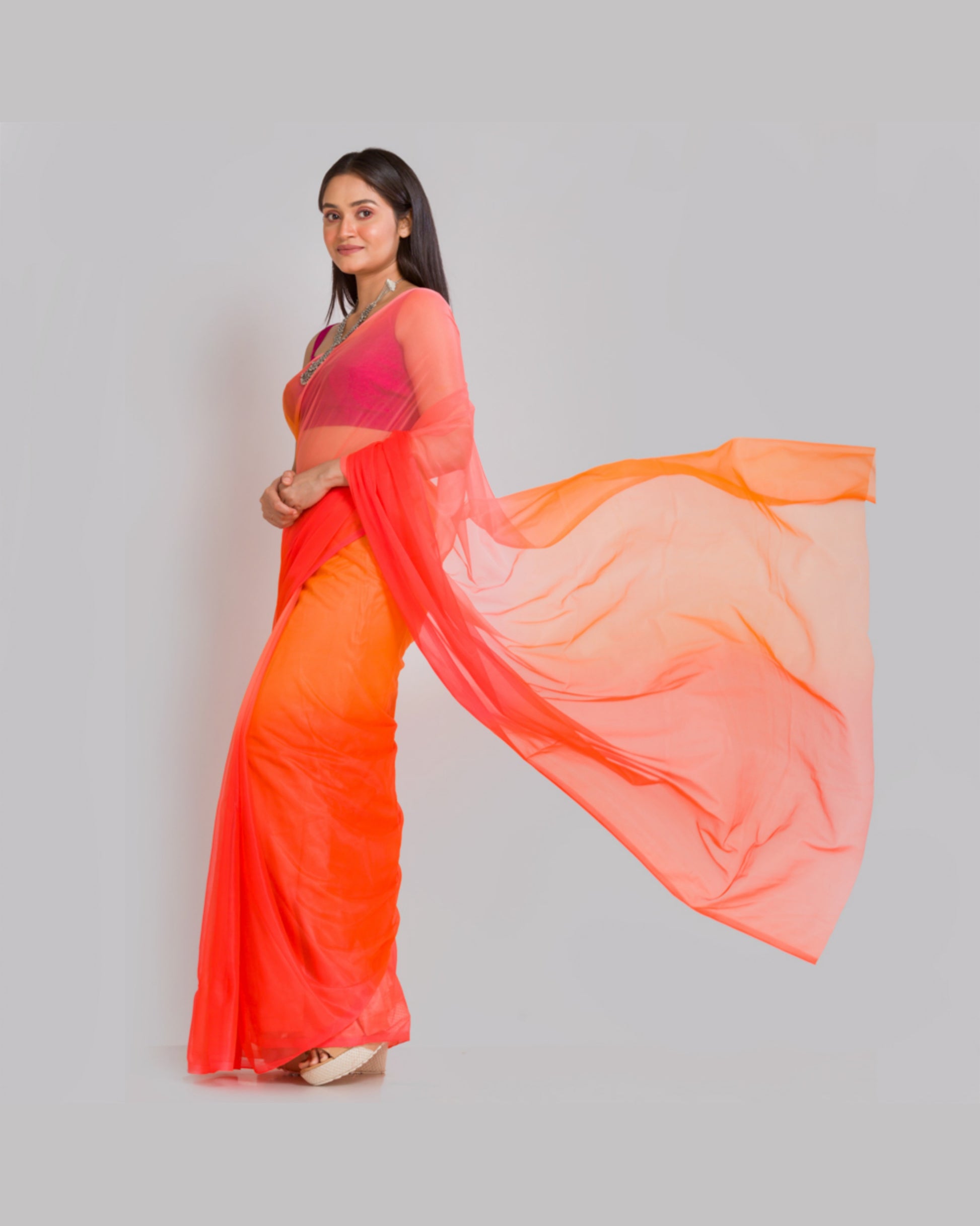 Orange Ombré Dip Dyed Net Saree - kreationbykj