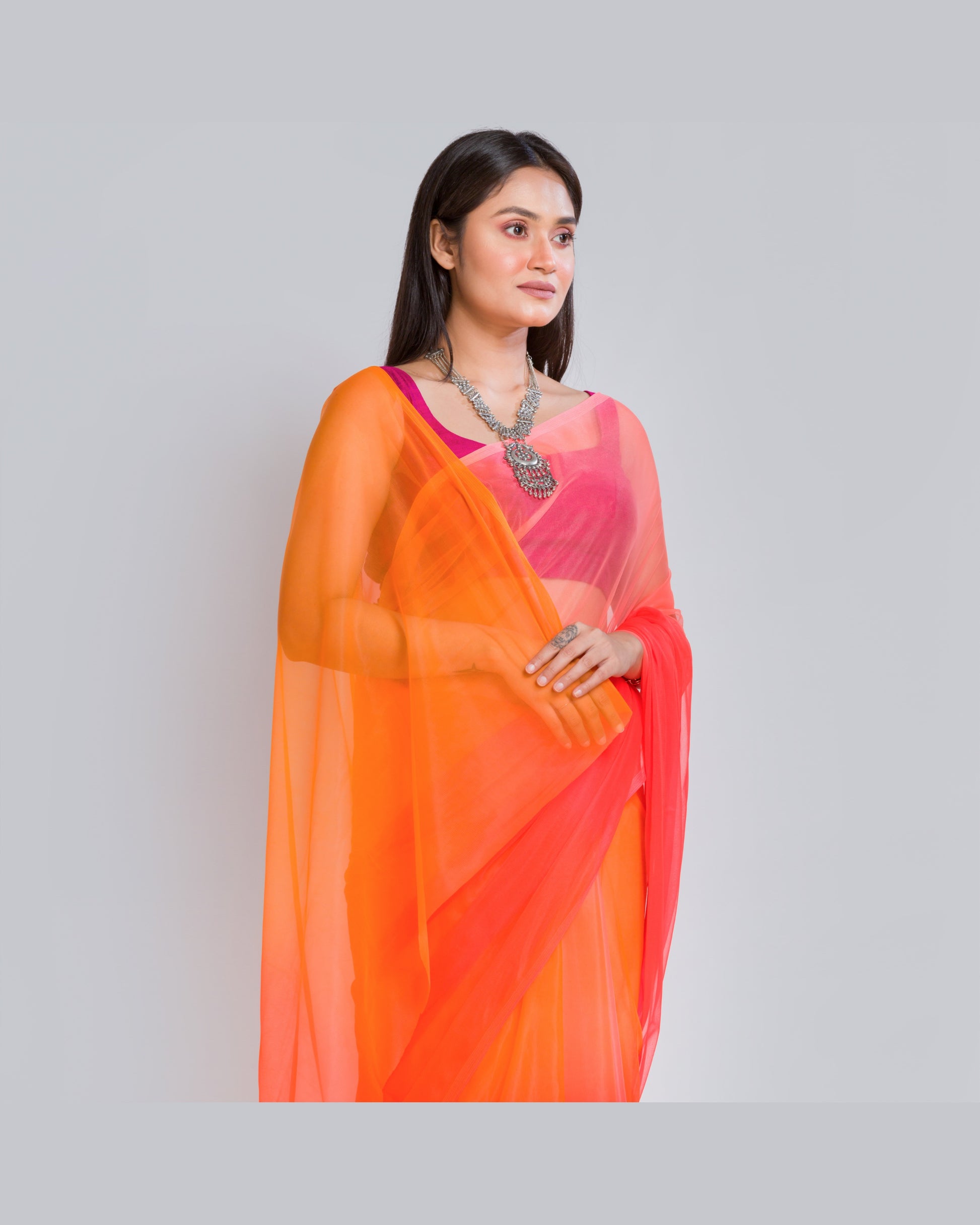 Orange Ombré Dip Dyed Net Saree - kreationbykj