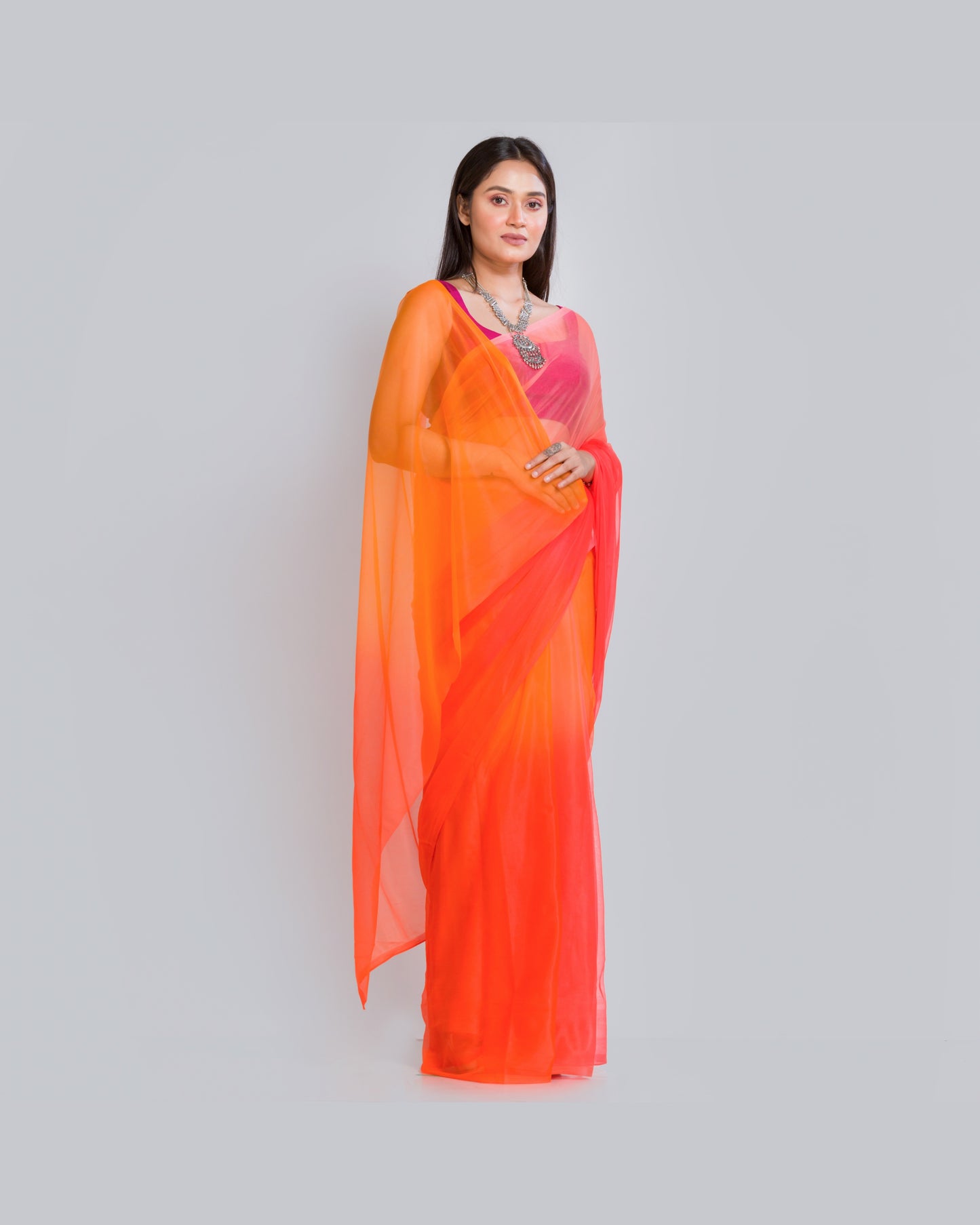 Orange Ombré Dip Dyed Net Saree - kreationbykj