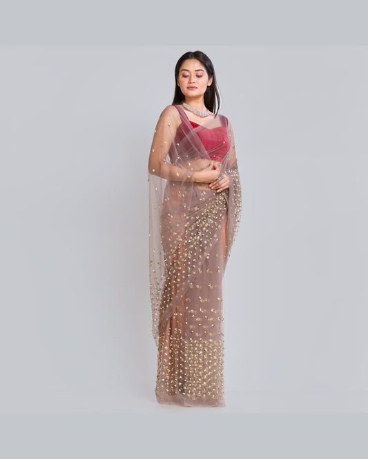 Chocolate Net Saree With Heavy Sequins And Pearl Embroidery - kreationbykj