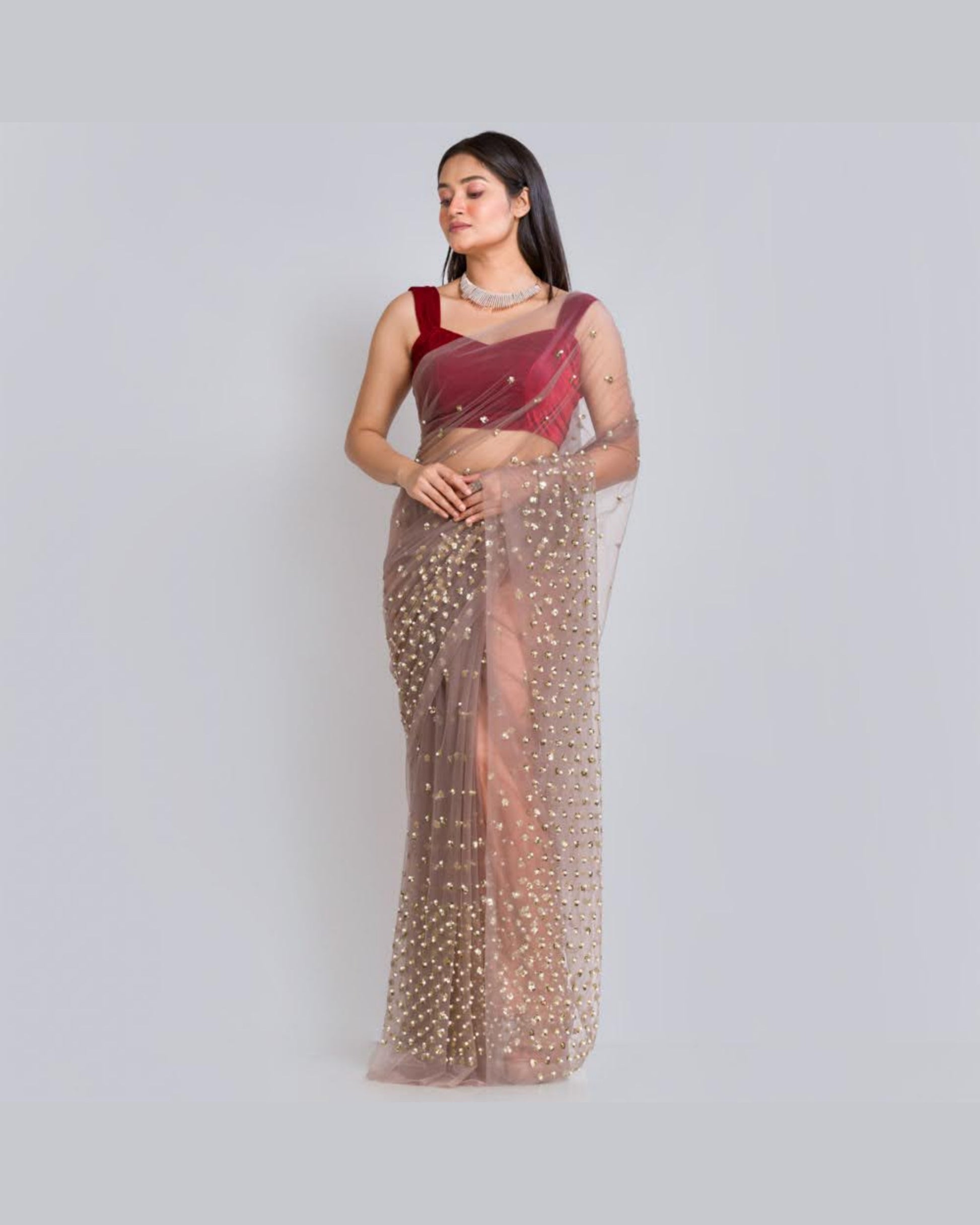 Chocolate Net Saree With Heavy Sequins And Pearl Embroidery - kreationbykj