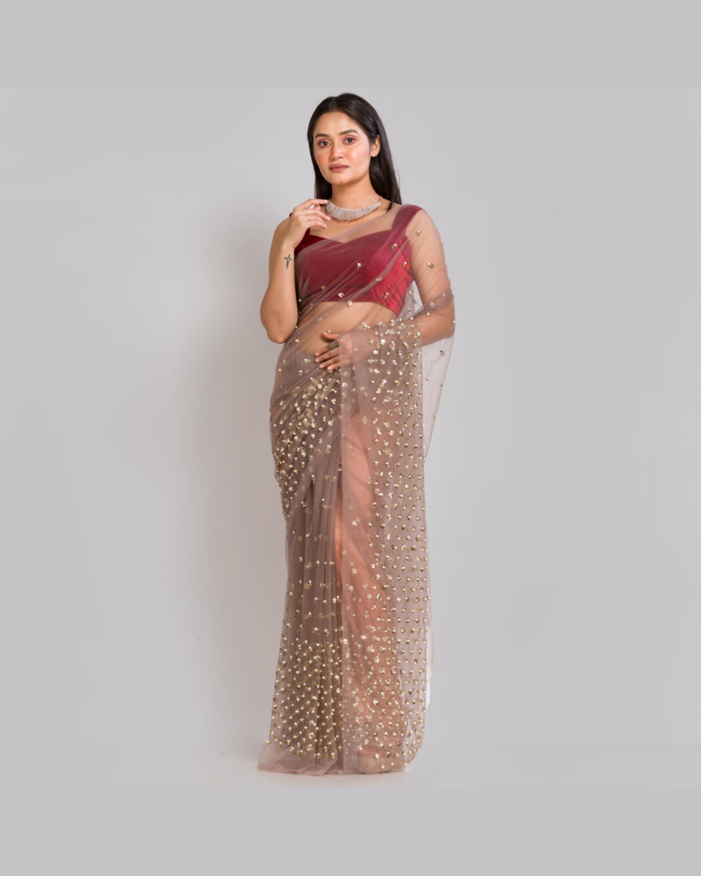 Chocolate Net Saree With Heavy Sequins And Pearl Embroidery - kreationbykj