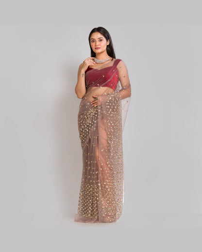 Chocolate Net Saree With Heavy Sequins And Pearl Embroidery - kreationbykj