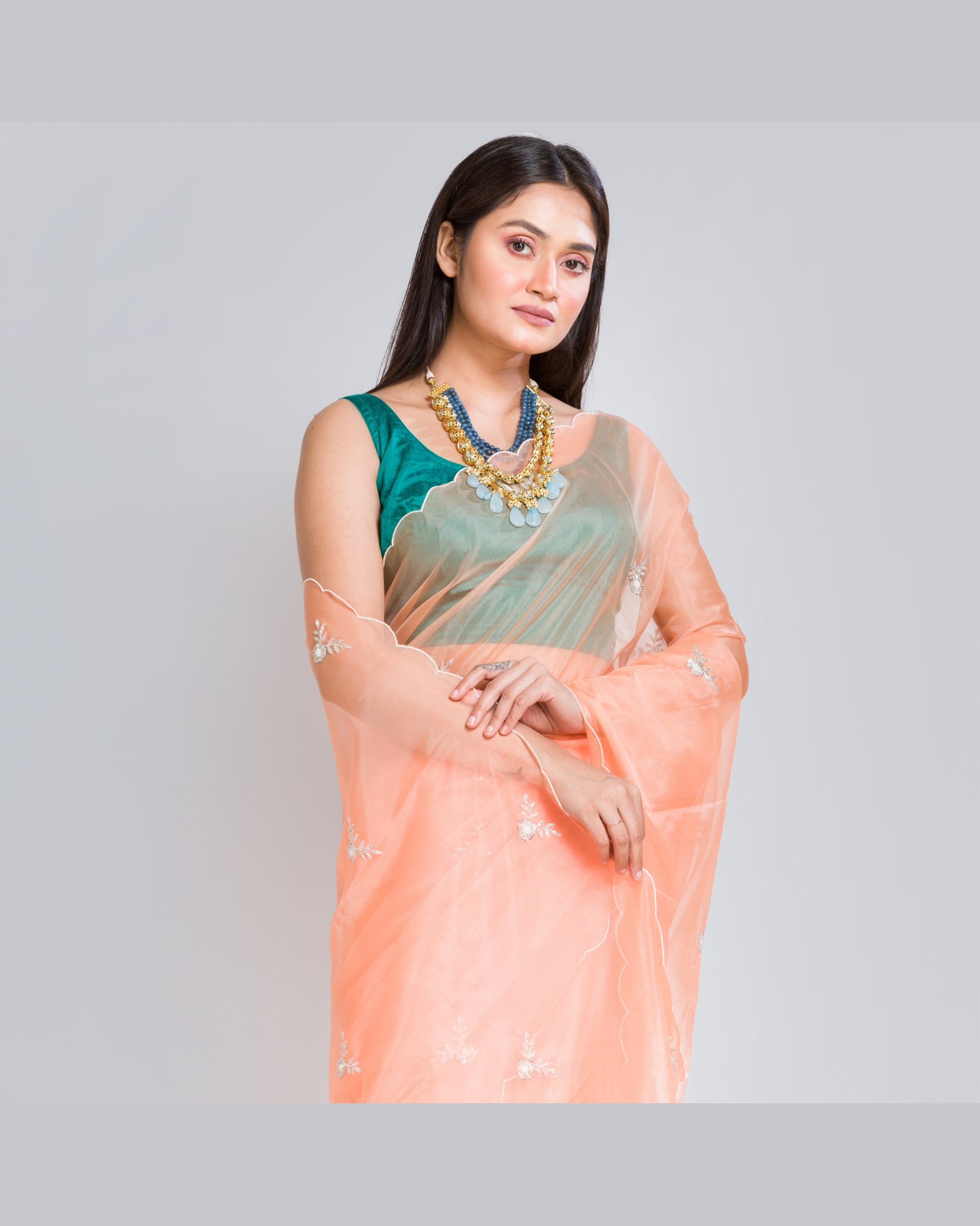 Peach Organza Silk Saree With 86 Bootas - kreationbykj