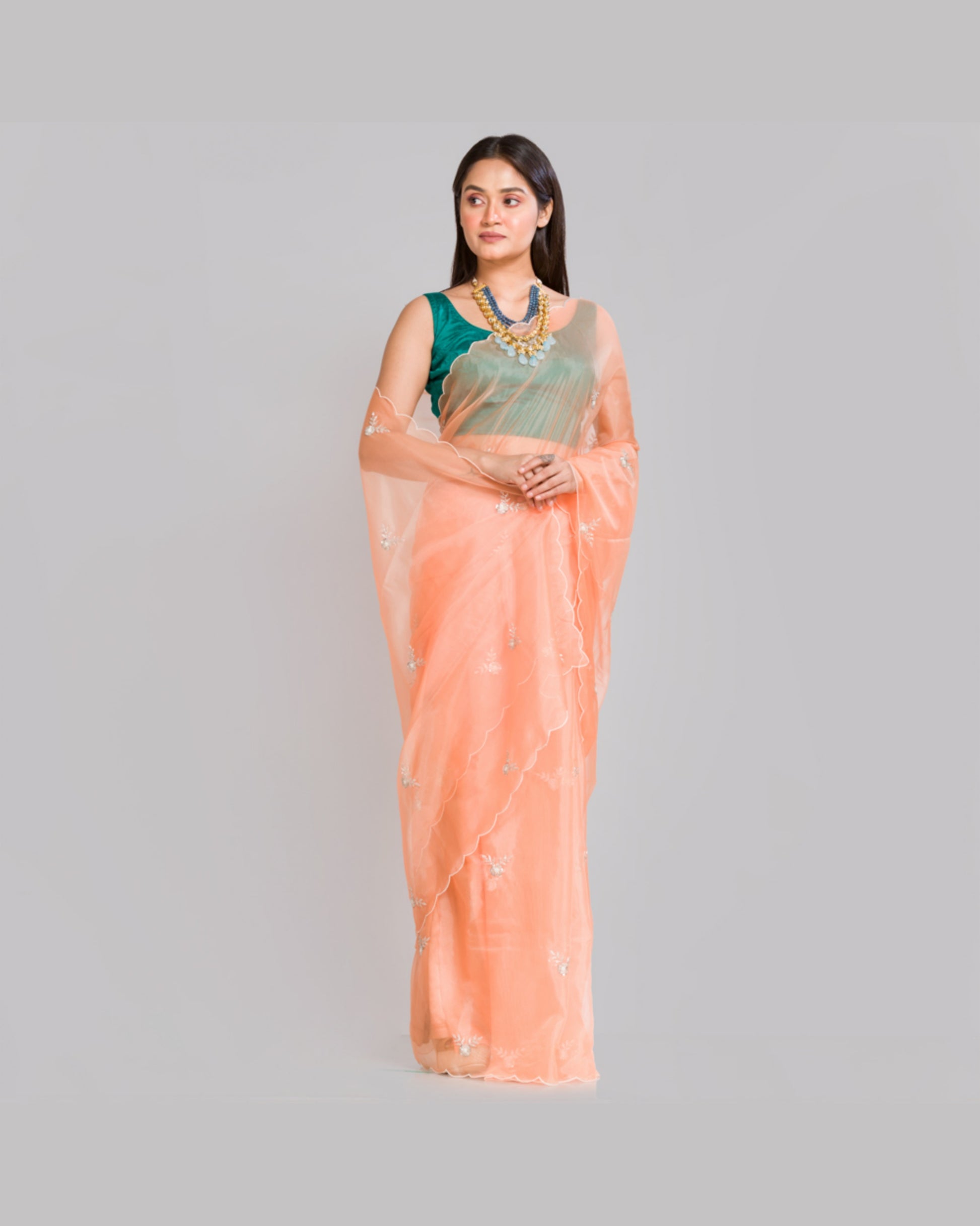 Peach Organza Silk Saree With 86 Bootas - kreationbykj