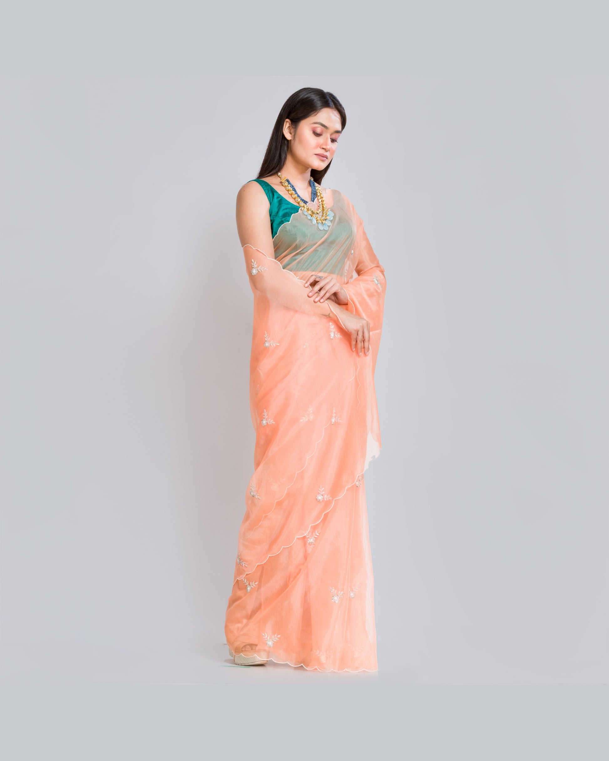 Peach Organza Silk Saree With 86 Bootas - kreationbykj