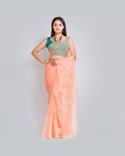 Peach Organza Silk Saree With 86 Bootas - kreationbykj