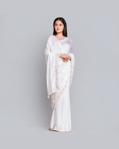 White Crepe Silk Chandani Saree - kreationbykj