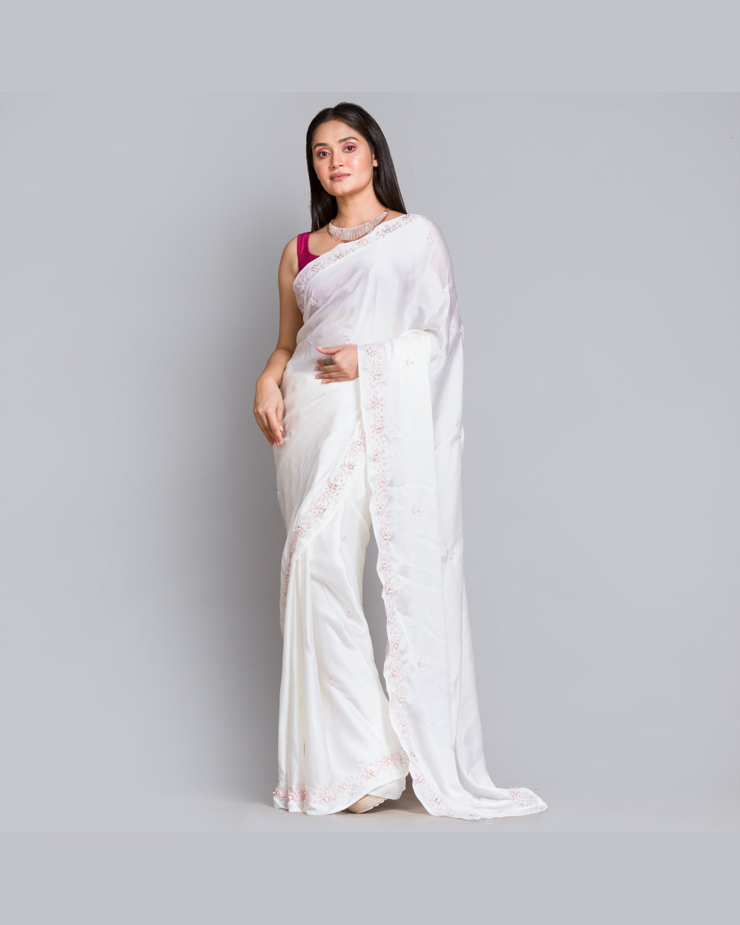 White Crepe Silk Chandani Saree - kreationbykj