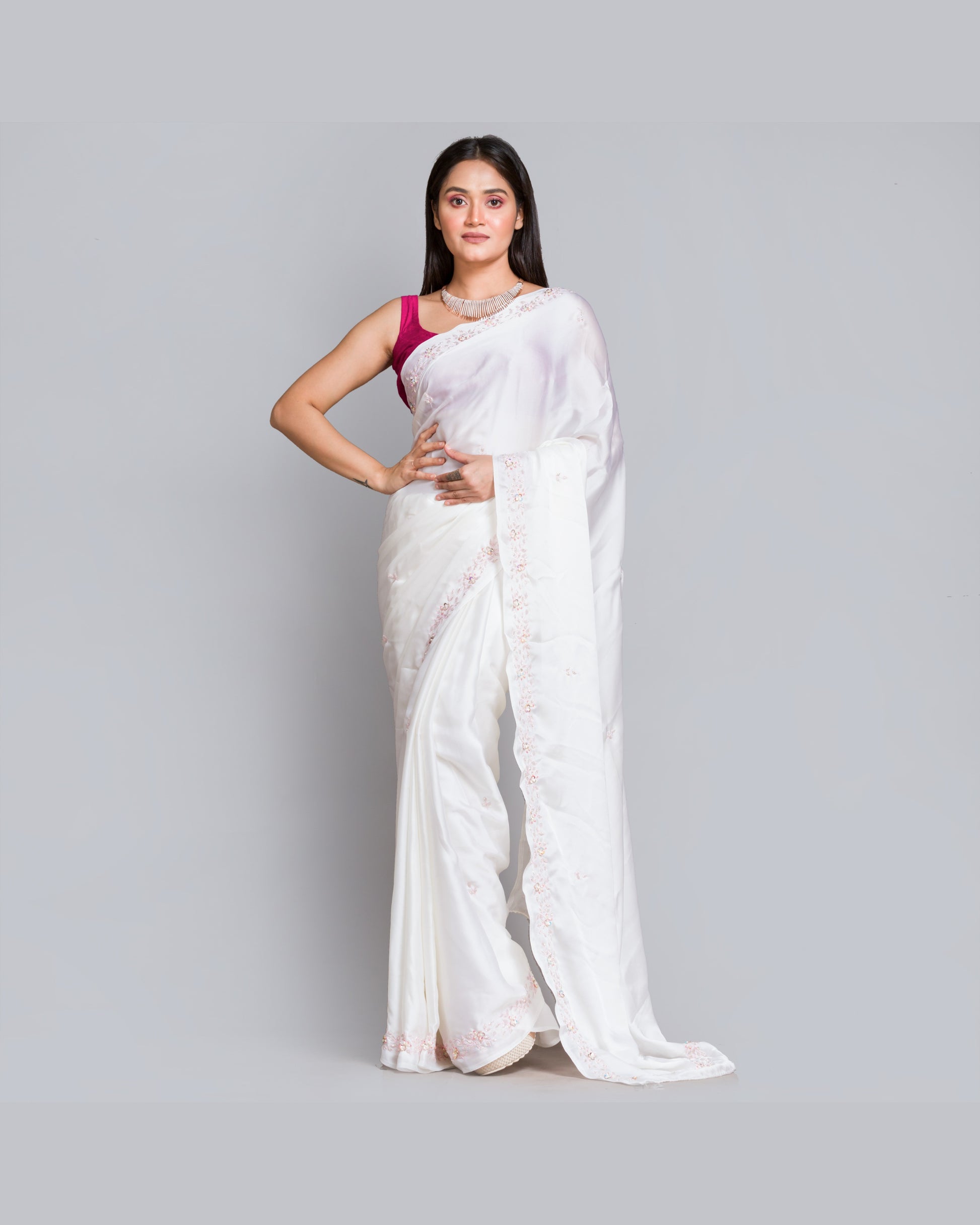 White Crepe Silk Chandani Saree - kreationbykj