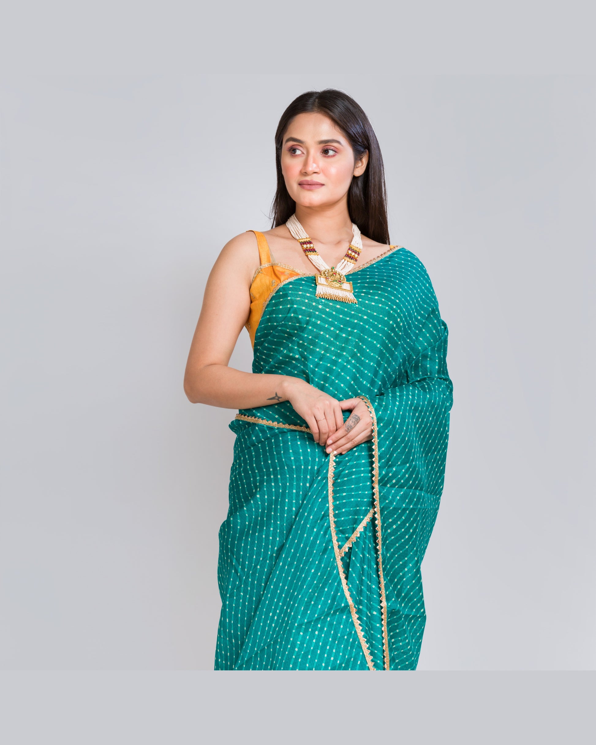 Green Kota Silk Leheriya Saree - kreationbykj