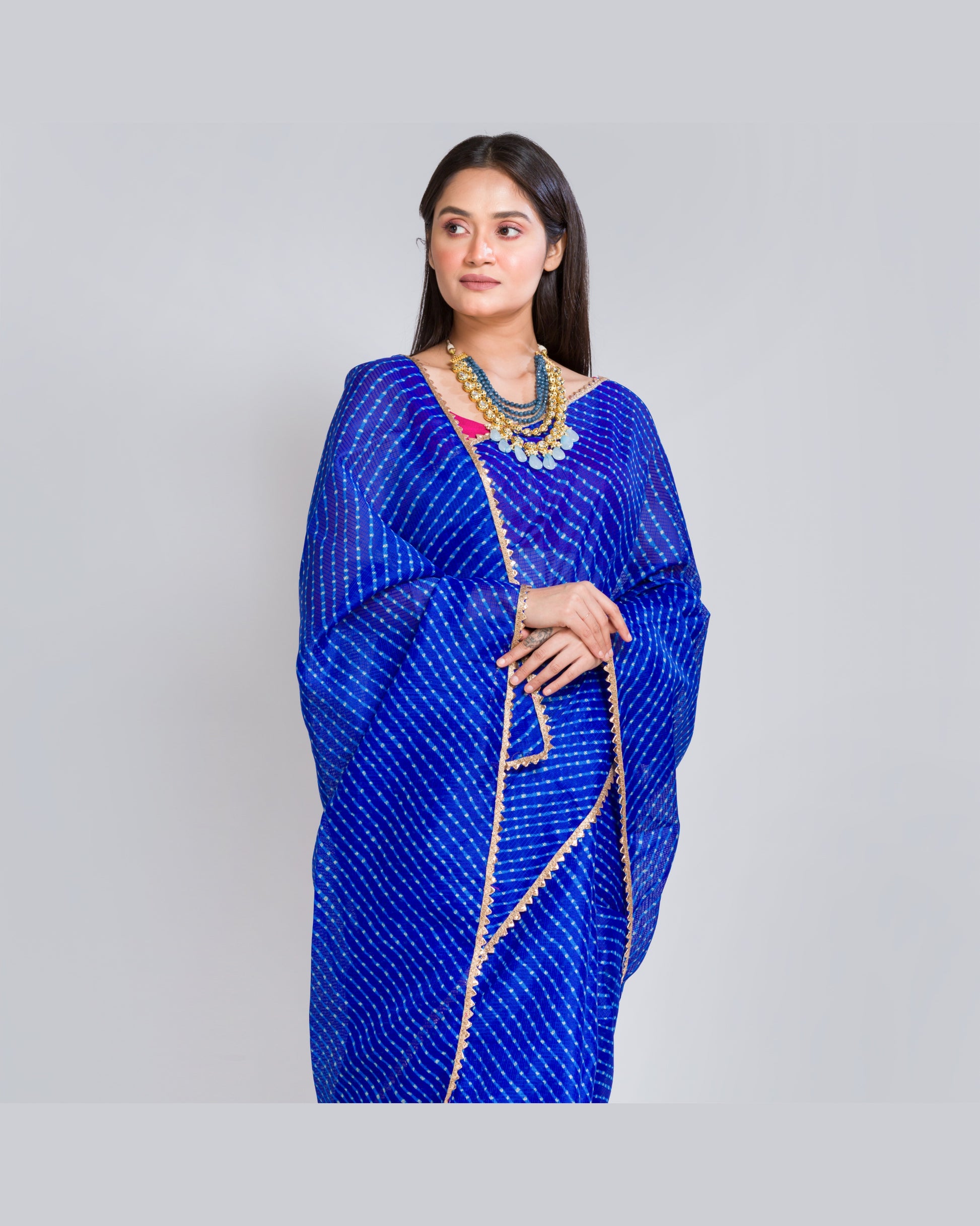 ROYAL BLUE LEHERIYA HANDCRAFTED CHIFFON SARI – Weavekala