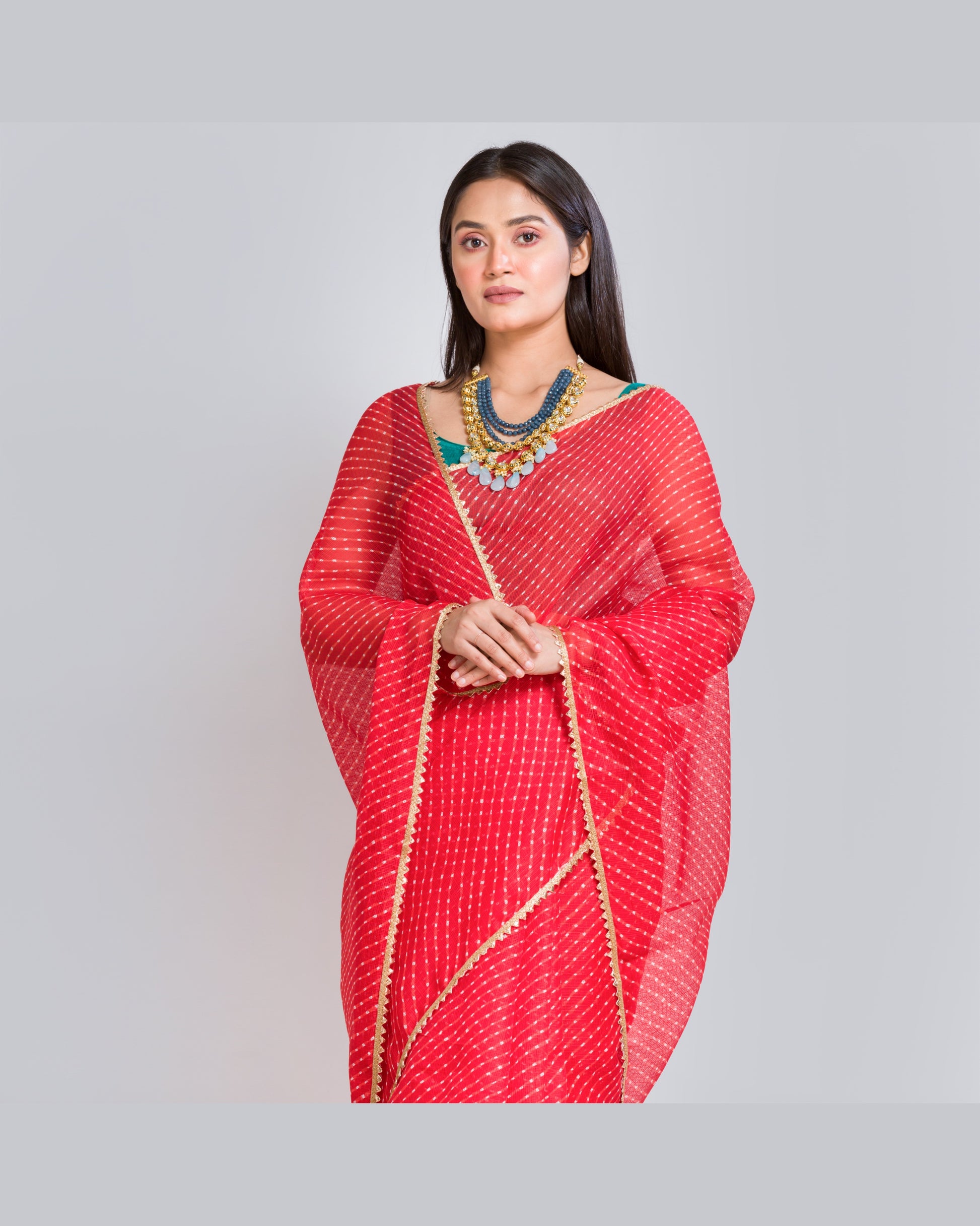 Red Kota Silk Leheriya Saree - kreationbykj