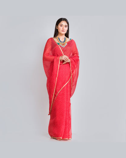 Red Kota Silk Leheriya Saree - kreationbykj