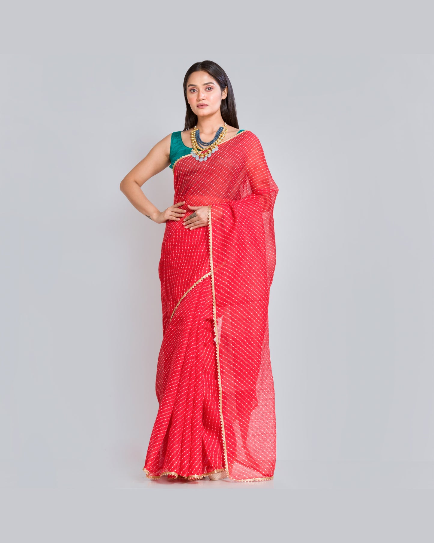 Red Kota Silk Leheriya Saree - kreationbykj