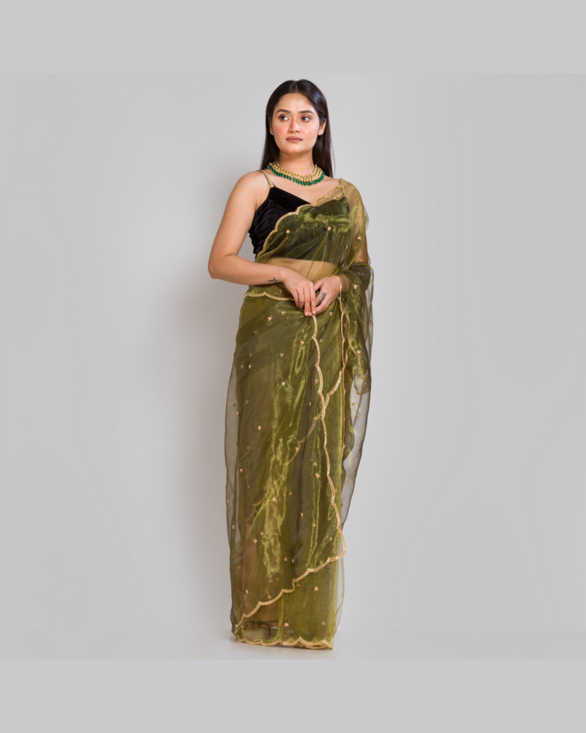 Military Green Glass Tissue Saree with Handembroidered Scalloping - kreationbykj