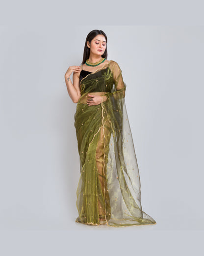 Military Green Glass Tissue Saree with Handembroidered Scalloping - kreationbykj