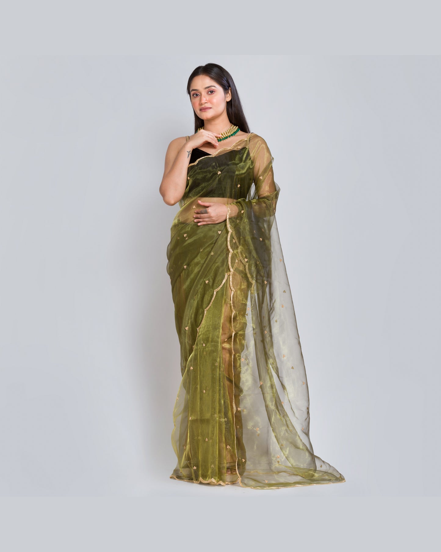 Military Green Glass Tissue Saree with Handembroidered Scalloping - kreationbykj