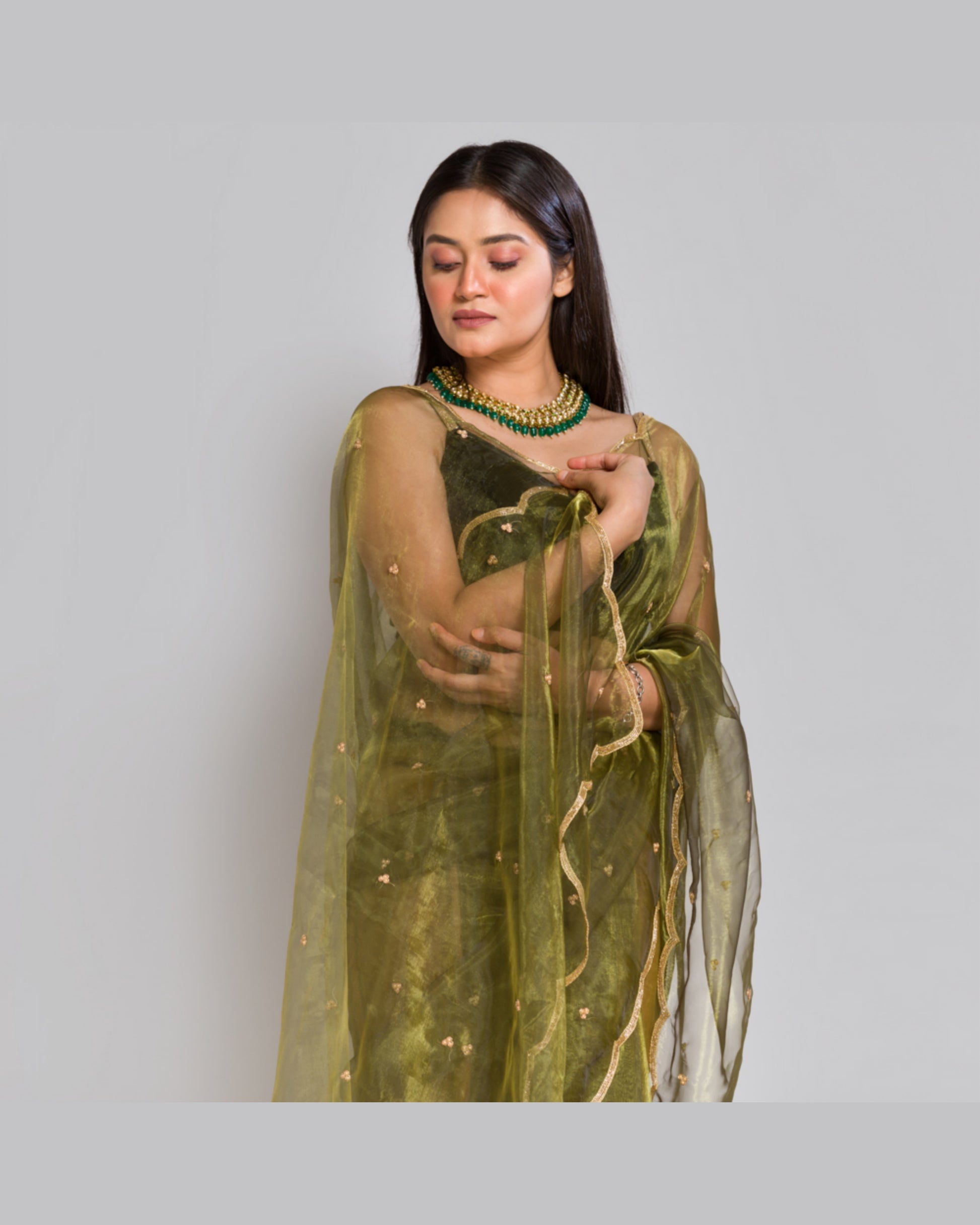 Military Green Glass Tissue Saree with Handembroidered Scalloping - kreationbykj